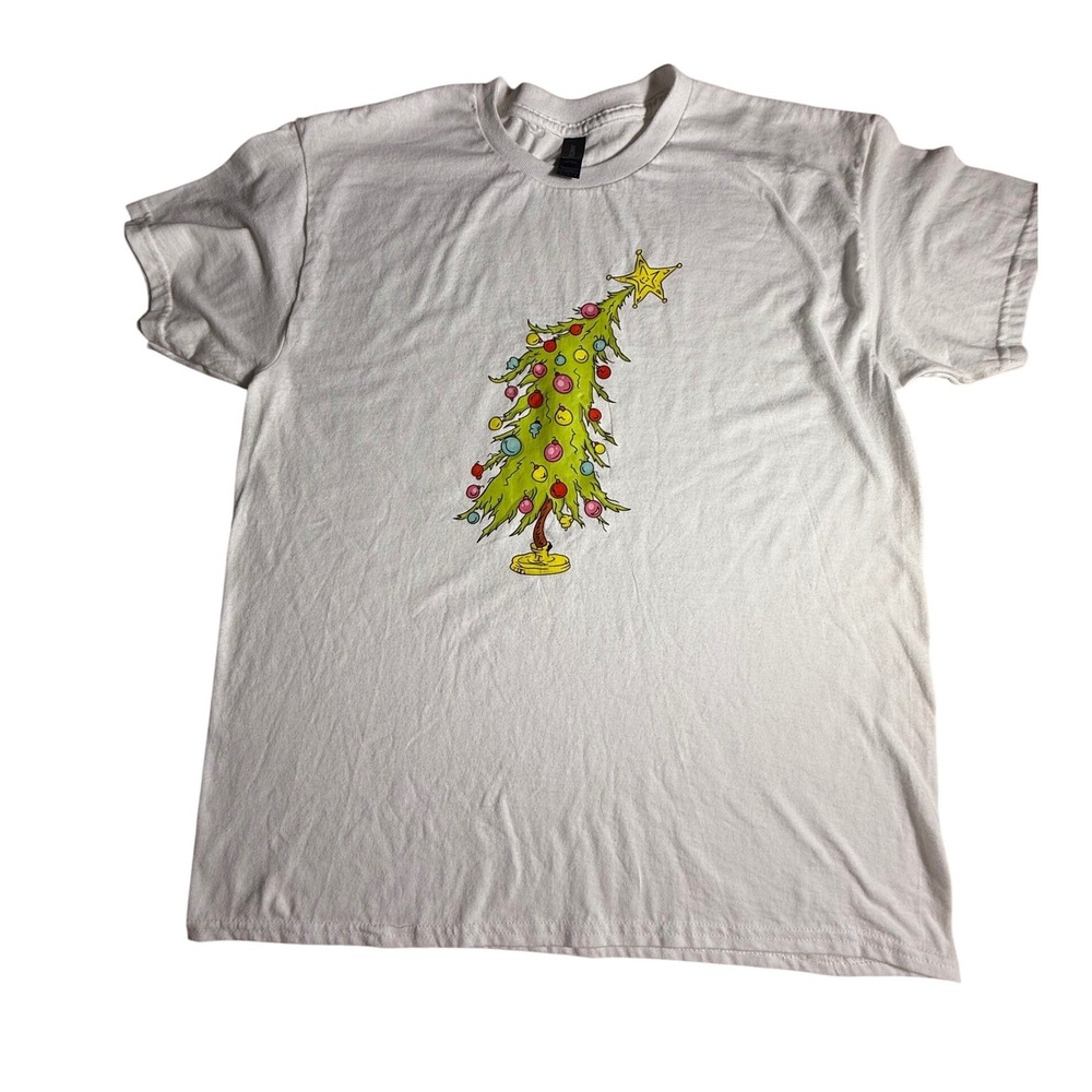 Gildan Heavy Cotton White Christmas Tree Graphic T-Shirt Mens Large New-995